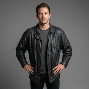 Vintage Express Genuine Leather Jacket Full Zip Men's Size Large Black Collared